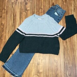 American Eagle women’s sweater large top knit stripe color block blue grey AEO
